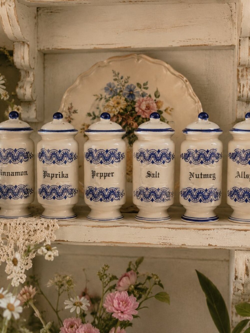 Vintage Japan Ceramic Spice Jars Set of 6 Blue & White Cottagecore 4.5”